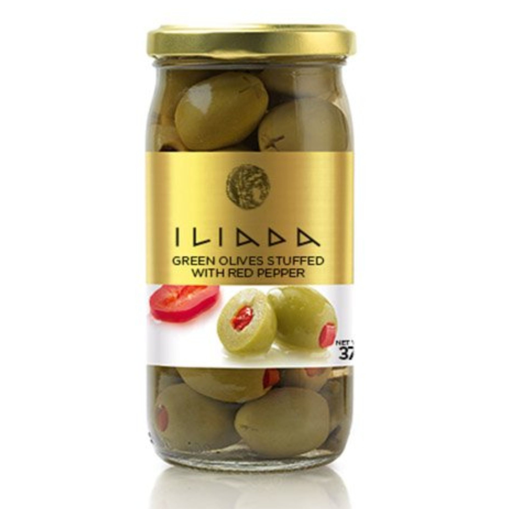 Green Olives stuffed w/ Red Pepper 'Iliada' 370g -Gold Line