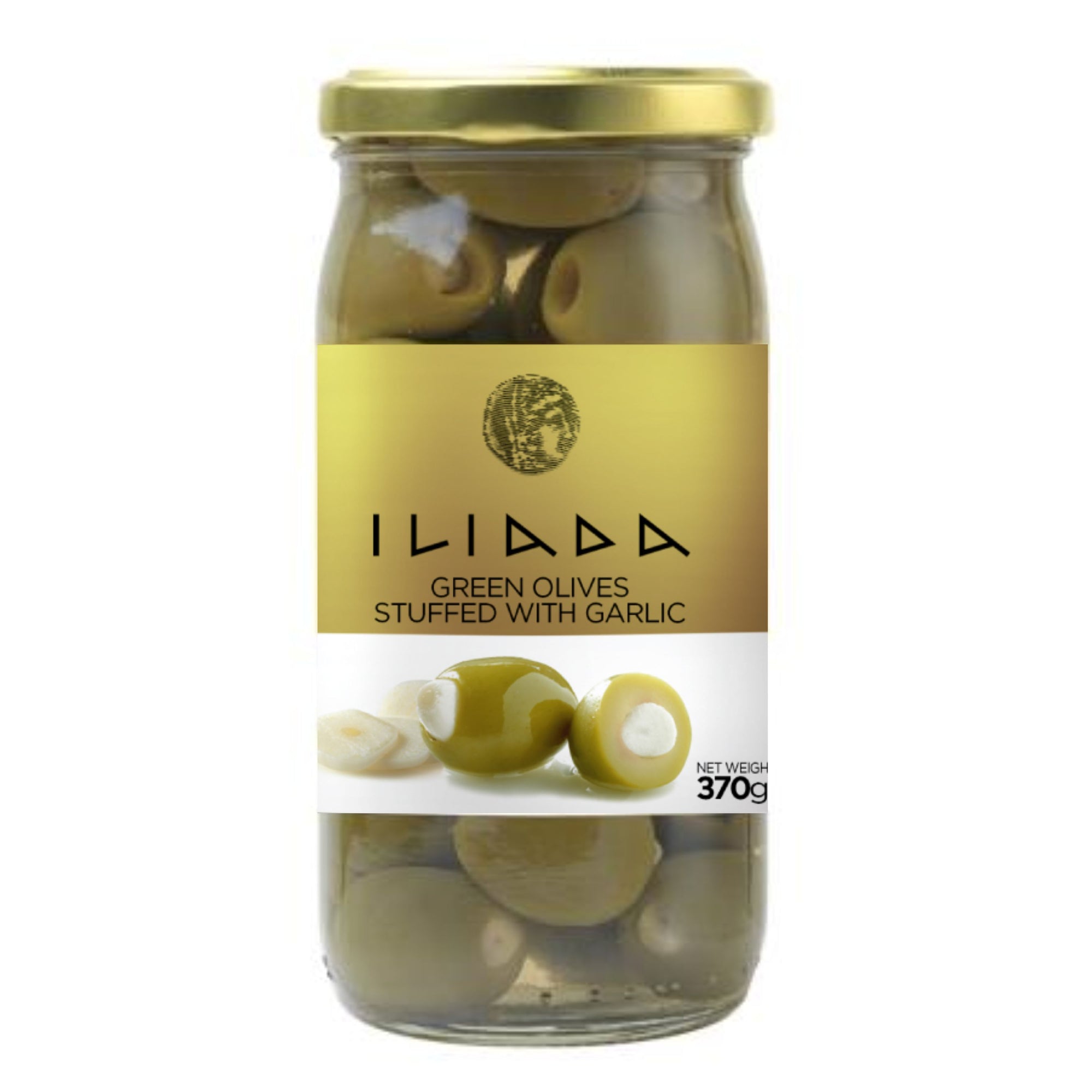 Green Olives stuffed w/ Garlic 'Iliada' 370g - Gold Line