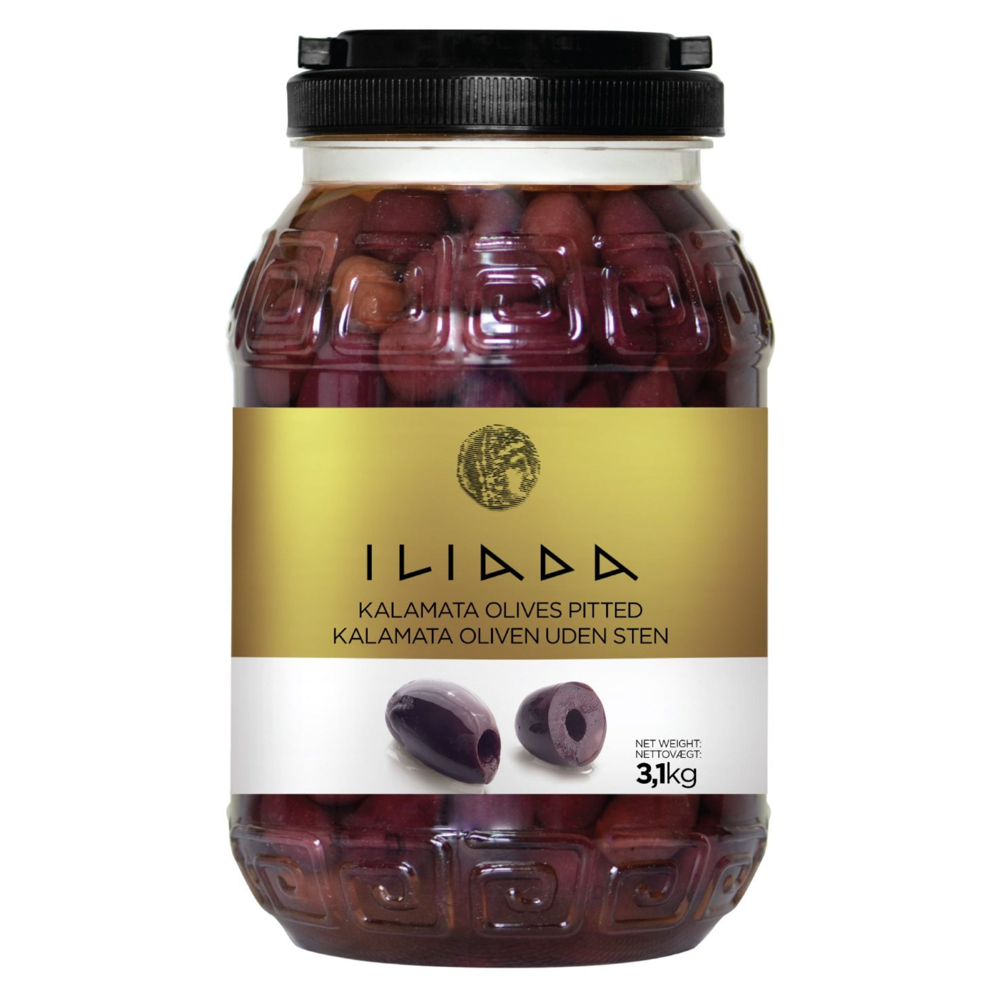 Kalamata Pitted Olives 'Iliada' CLEAR PET drum 3kg (1.6kg drained)