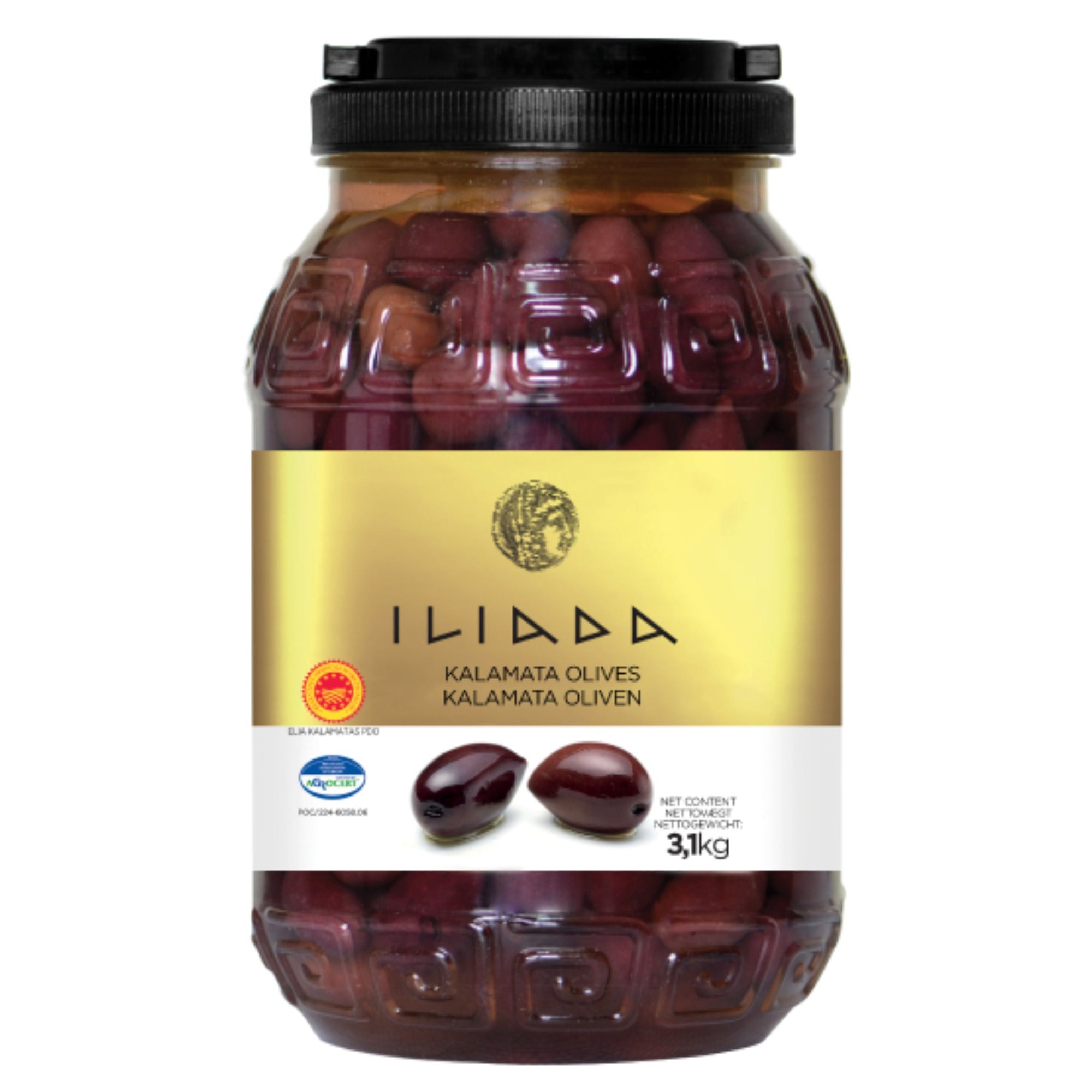 Kalamata Whole Jumbo Olives PDO 'Iliada' CLEAR PET drum 3kg (1.8kg drained)