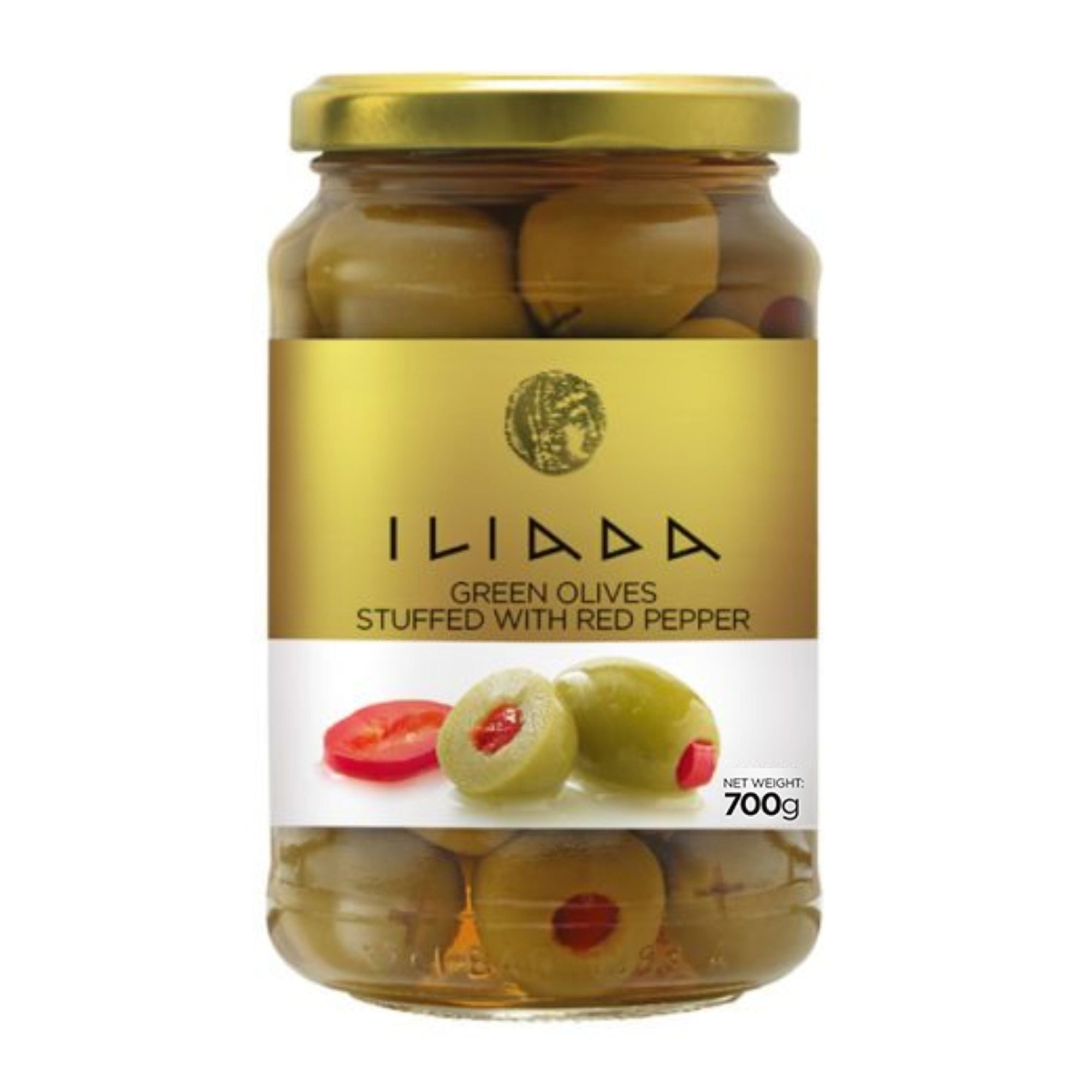 Green Olives stuffed w/ Red Pepper 'Iliada' 700g -Gold Line